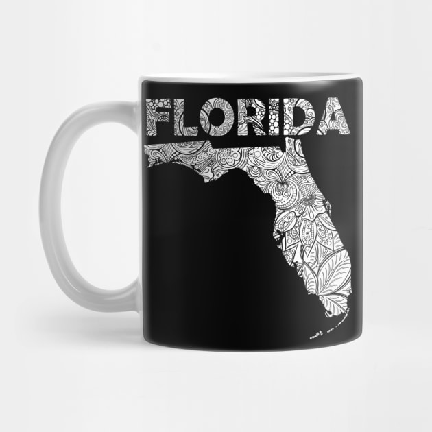 Mandala art map of Florida with text in white by Happy Citizen